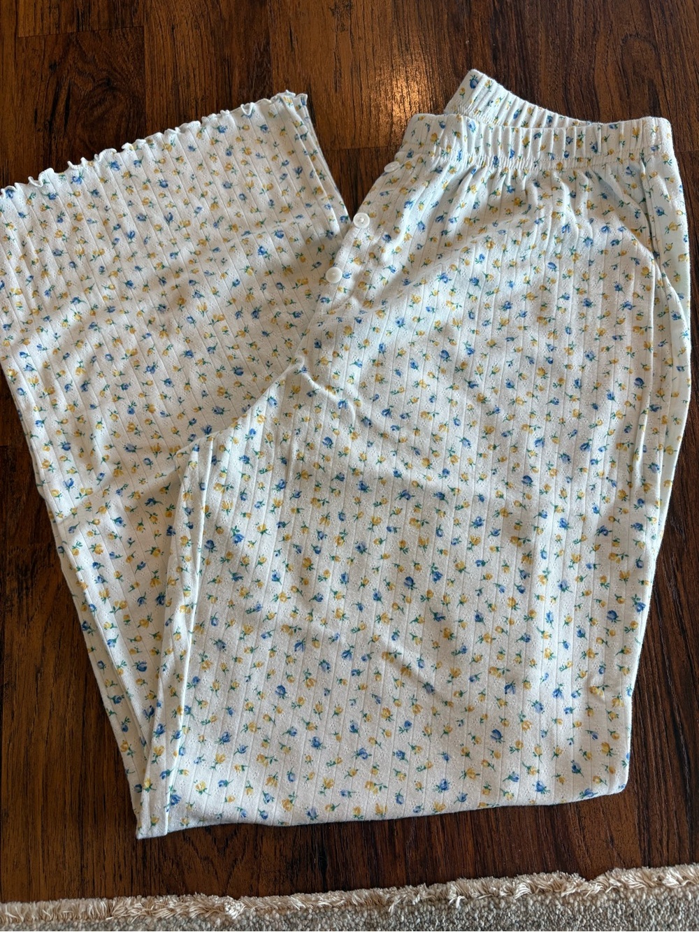 Women’s White Ribbed Pajama Pants with Blue and Yellow Floral Print